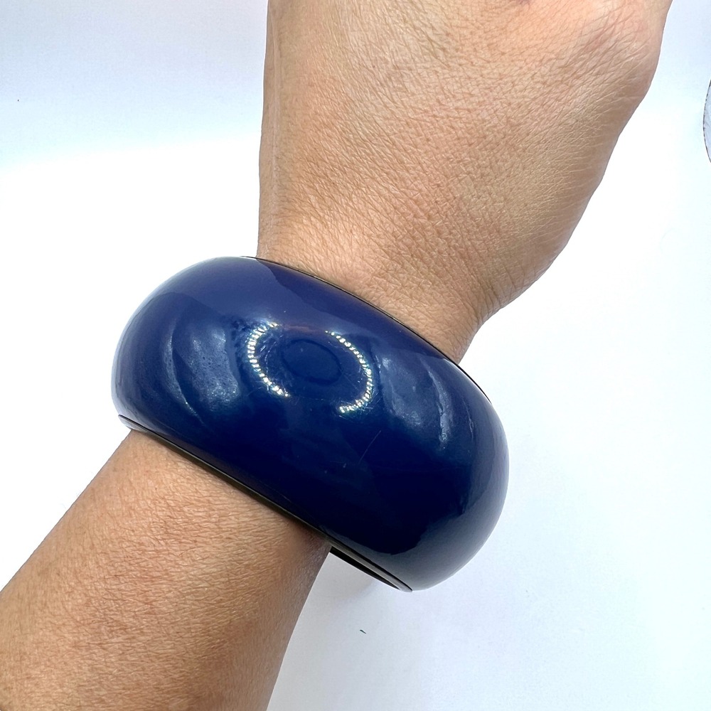 Navy Blue Enamel Dome Bangle Bracelet Vintage Chunky Statement Jewelry